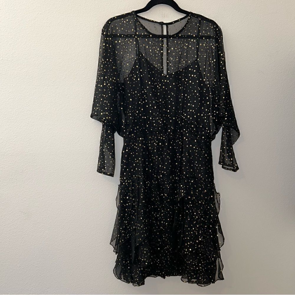 Vintage NightWay Sheer Bat Wing Dolman Sleeve Ruffle Metallic Dress